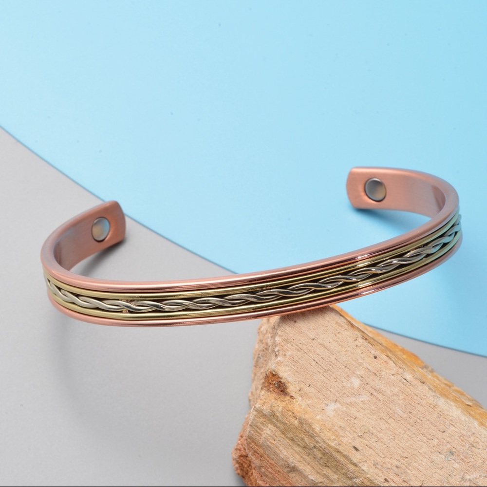 Rose Gold, and Silver Tone Rope Cuff Copper Magnetic Bracelet - Picture 2 of 5